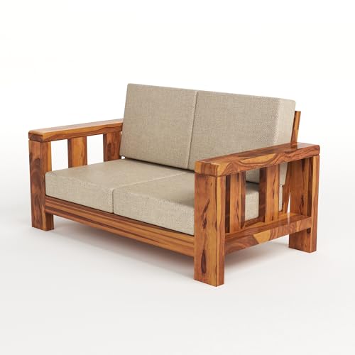 Image of Solid Sheesham Wooden 2 Seater Sofa Set - Two Seater Sofas with Comfortable Cushion | Wooden Sofa 2 Seater for Living Room Home & Office Furniture Decor (Honey, Haney2 Seater)