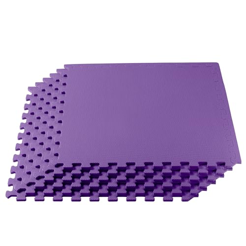 Image of We Sell Mats Premium Foam Interlocking anti-fatigue tiles great for gyms PX90 Insanity Pilates Yoga aerobics cardio trade shows kids payrooms and more. Purple 16 SQFT-4 Tiles
