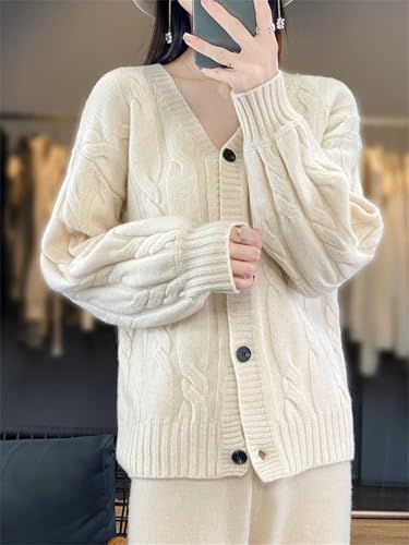 Women Cable Knit Sweater 100% Merino Wool V Neck Cardigan Coat Flower Twisted Jumper Tops﻿3