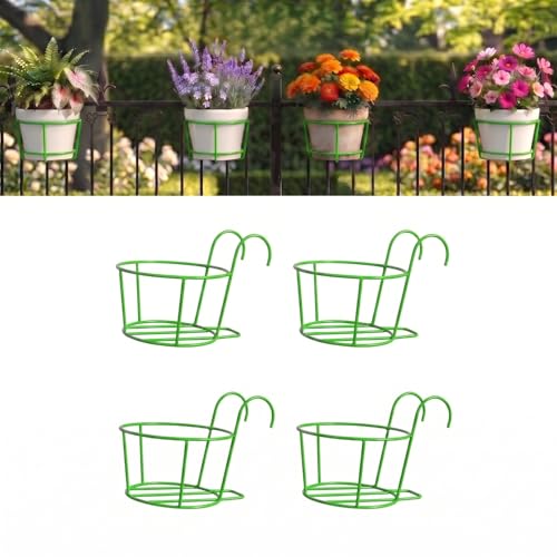 Image of Anti Rust Metal Hanging Planters for Balcony | Round Flowerpot Holder | Railing Planters, Fence Garden Flowerpot, Gamla, Flower Pots for Home and Garden (Green - Pack of 4)