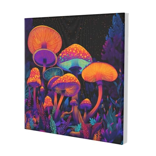 Lienzo decorativo Woshuwo de bosque de hongos de neón para salón o dormitorio, 30x30 cm enmarcado 2