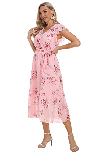 Image of VintageClothing Womens Sundress Casual Floral Summer Boho Dress | Flowy Wrap V Neck Ruffle A-Line Pleated Hem Midi Dresses