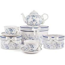 Bone China Tea Set for 2 pers. in Gift Box, Tea Set for Adults, Coffee Set, European Coffee Set, Women Tea Set, Bone China Tea Set for Party Birthday Wedding Gifts Blue Flowers_