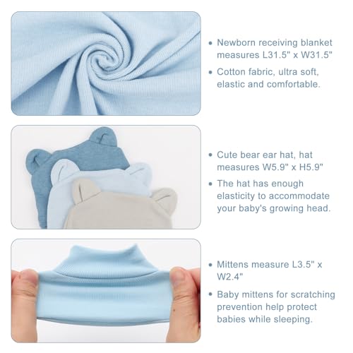 Image of BQUBO 3 Sets Cotton Baby Swaddle Blankets Swaddling Wrap with Hats Mittens Newborn Soft Silky Nursery Receiving Blanket Cute Bear Ears Hat Elastic Gloves Set for Unisex Baby 0-3 Months