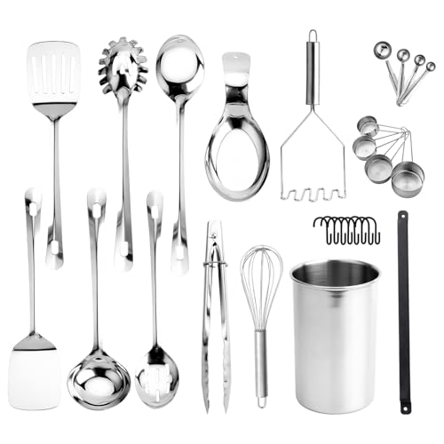 COOK WITH COLOR Kitchen Utensil Set - premium Nonstick & Heat Resistant Kitchen Gadgets, Turner, Spaghetti Server, Serving Spoons, Whisk, Tongs, Masher & Utensil Holder, 28-piece Stainless Steel by COOK WITH COLOR - Used condition - US$23.28