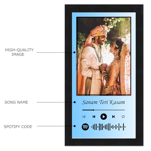 Image of Personalized Gift Musical Wall Rectangular Photo Frame - Customized Spotify Song With Scanable Barcode For Wedding And Couple Gifts - Size (6X12) Inch, Blue & White | 1 Piece Rectangle, Wood