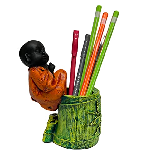 Image of AUGEN Pen Stand Decorative Hand Painted Orange Buddha Design Stationery Holder | Gift Item | Table Top Decor (2047)