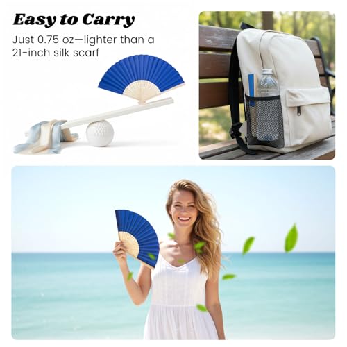 image for JOHOUSE 12 Pcs Paper Folding Hand Fans, 8.3 Inch Dark Blue Paper Fans 