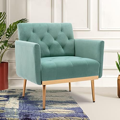 KIVENJAJA Velvet Accent Chair, Modern Comfy Tufted Upholstered Armchair for Living Room & Bedroom, Reading Arm Chair Single Sofa with Rose Gold Metal Legs, Green