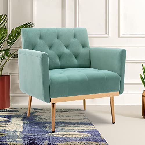 Kivenjaja Velvet Accent Chair, Modern Comfy Tufted Upholstered Armchair For Living Room & Bedroom, Reading Arm Chair Single Sofa With Rose Gold Metal Legs, Green #TOP2