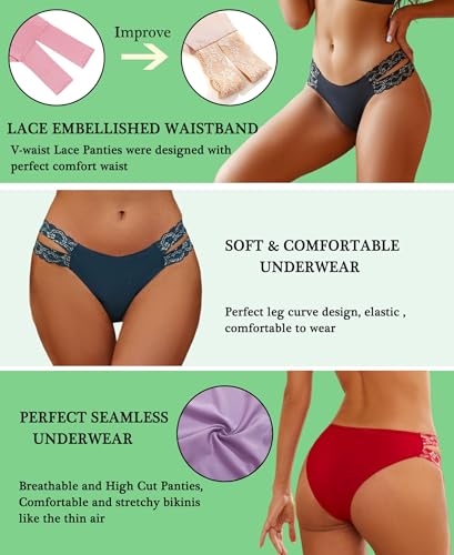 FINETOO Seamless Underwear for Women Cheeky Bikini Panties High Cut V-waist Lace Underwear Women Cute Bikinis 6 Pack4