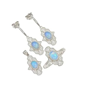Natural Ethiopian Opal Cabochon 7X5 MM Oval Cut Gemstone Beautiful Ring Earring Pendant Jewelry Set For Women 925 Sterling Silver October Birthstone Opal Jewelry Wedding Gift For Her (SET-733) (Sterling Silver, 6 US)