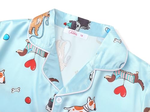 Tebbis Satin Pajamas for Girls-Cute Pink Silky Short-Sleeved Shorts Set with Adorable Puppy Prints Size 6/7-162
