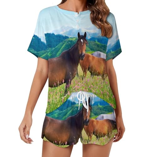 Pyjama femme manches courtes Cheval des Prés anti-chaleur vêtement de nuit d'été
