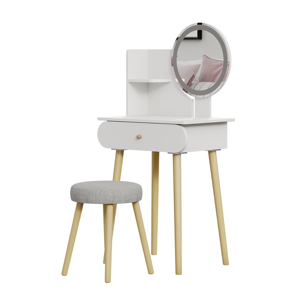 Vicco Tavolino da toilette Edda, Bianco, 60 cm con specchio LED e sgabello, con specchio LED rotondo e sgabello coordinato