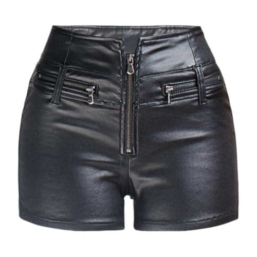 Short en similicuir extensible pour femme à taille haute et fermeture éclair