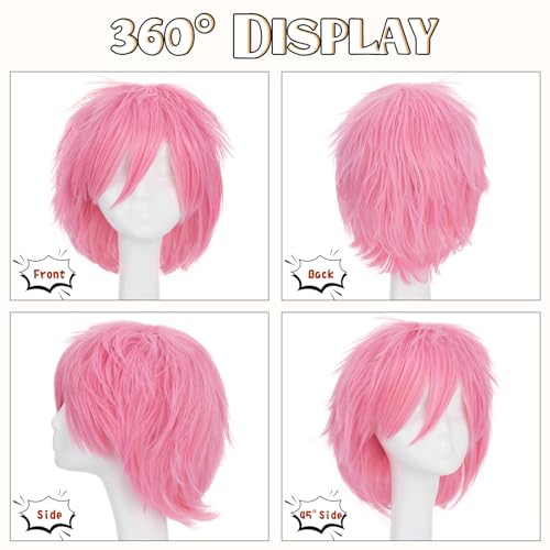 Image of S-noilite Unisex Short Dark Pink Wig Women Mens' Anime Cosplay Wig Straight Shaggy Spiky Pixie Wigs Heat Resistant Syntehtic Hair for Halloween Comic-cons Costume Party
