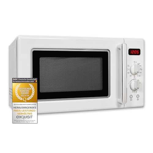 Exquisit® Microondas Retro, 20L, 700W, Grill 1000W, 5 Niveles de Potencia, Color Blanco, Funciones de Microondas y Grill, Descongelación, Temporizador Hasta 90 Min, Plato 25,5Cm, Medidas 25,9x44x36 Cm