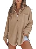 SHEWIN Womens Waffle Knit Tops Casual Long Sleeve Button Down Shirts Lightweigt V Neck Boyfriend Shacket Loose Fit Ladies Blouses Spring Jackets for Women, US 16-18(XL), Khaki