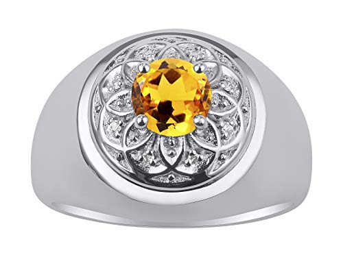 Image of Rylos Men's Designer Gypsy Ring with 7MM Round Gemstone & Diamond - Birthstone Rings in Sizes 8-13 in Sterling Silver