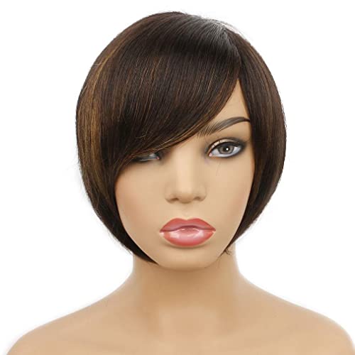 Short Straight Pixie Cut Wigs with Bangs Pixie Bob Wig Human Hair Short Layered Wavy Wigs Machine Made Non Lace Front Wig Black Highlight Brown 6 inches