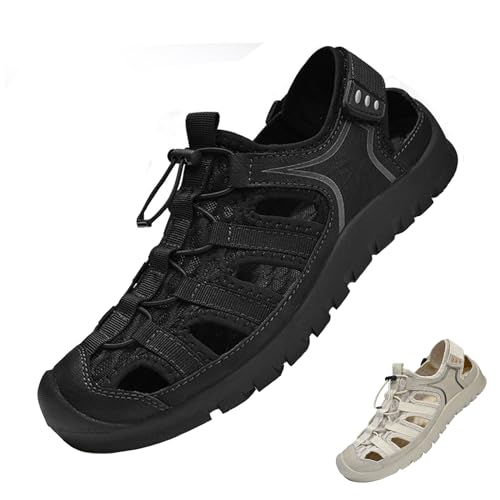 Zeberfi Men Hollow Genuine Leather Mesh Fisherman Sandals with Hook and Loop Fashion Lace Up Closed Round Toe Outdoor Athletic Casual Beach Shoes Summer Breathable Walking Sports Hiking Sandals