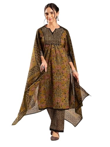 Image of Vbuyz Women's Ajrakh Print With Sequin Work Straight Kurta Palazzo With Dupatta