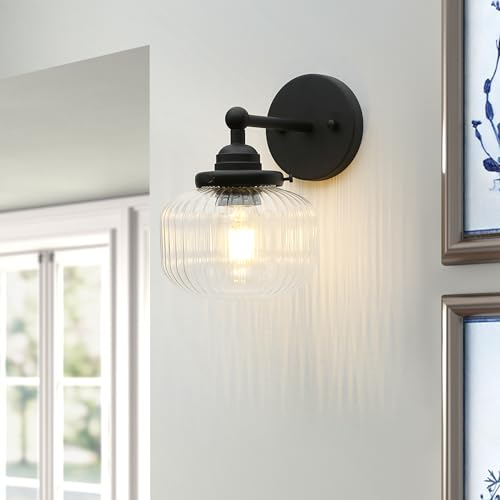 Image of Yosoan 1-Light Indoor Modern Wall Sconce, Vanity Modern Single Vintage Industrial Wall Mount Fixture Lights with Clear Striped Glass Shade Lamp for Bathroom Kitchen Mirror Bedroom Dinning Room(Black)