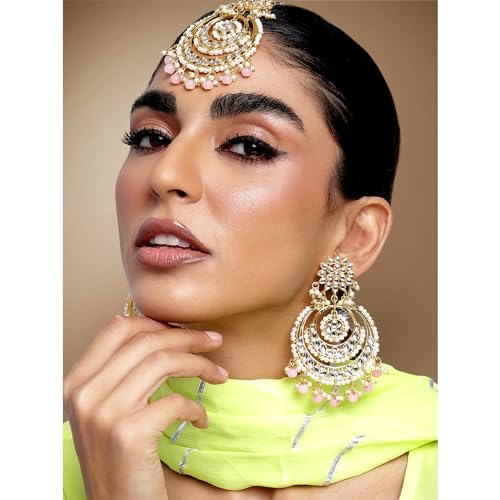 Image of Peora Traditional Jewellery Rhodium Kundan & Pearl Maang Tikka Earring Set for Women Girls