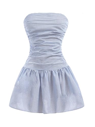 Verdusa Girl's Striped Strapless Tube Dress Summer Ruched Shirred Princess Dress