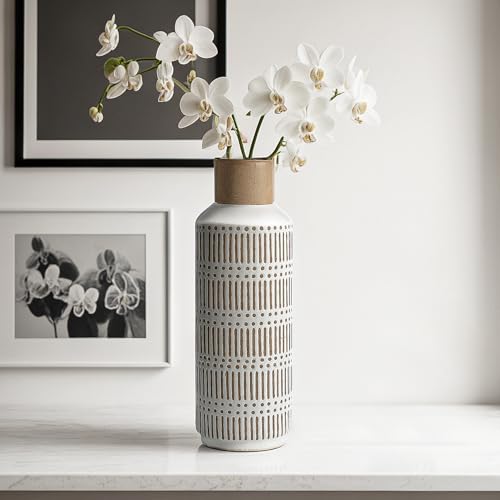Lizofer VS31-1-S Rustic Ceramic Vase For Living Room Bedroom 11.02'' Farmhouse White Flower Vases thumb #2