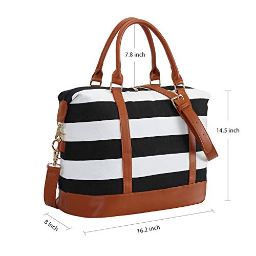 CAMTOP Women Ladies Weekender Travel Bag Canvas Overnight Carry-on Duffel Luggage Tote Bag (Big Stripe - Black)