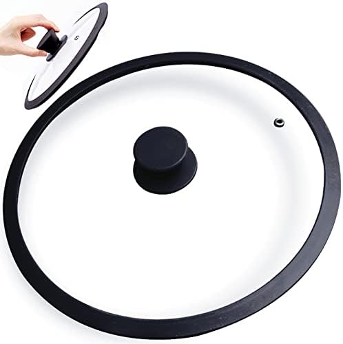Glass Lid for 11 Inch Cast Iron Skillets Frying Pans, 28cm Tempered Lids for Dutch Ovens, 11In Pan Cover with Silicone Rim for Stainless Steel Stock Pots, Heat Resistant Handle, Dishwasher Safe Black