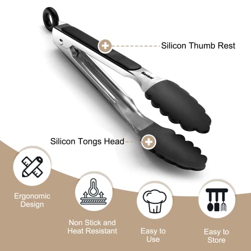 Navani Kitchen Tongs for Cooking | 9 & 12inch Tongs Kitchen Silicone tip | Silicone Non Stick Tongs for air Fryer | Salad Tongs Pasta Tongs, Black 2pcs - Image 4