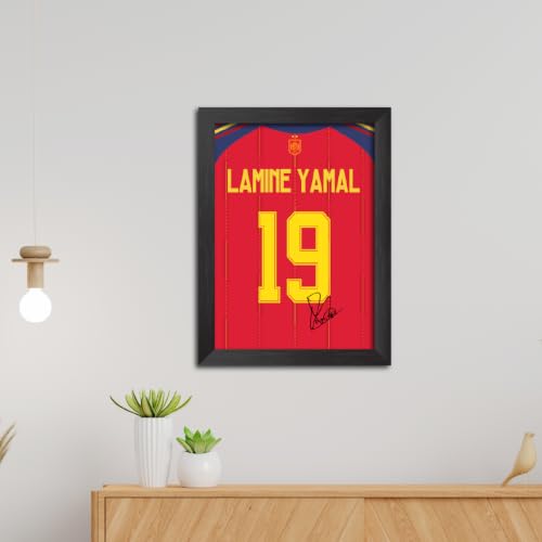 Image of TenorArts Lamine Yamal Poster Frame Spain Worldcup Jersey Laminated Photo Print Signature Framed Painting with Matt Finish Black Texture (12 inches x 9inches)