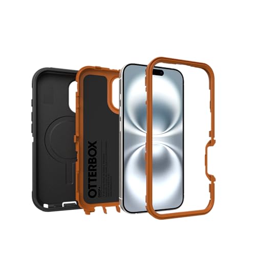 Image of OtterBox iPhone 16 (Only) - Defender Series MagSafe Case - Iron Eclipse (Black & Orange) - Built-in Magnets - Screenless - Rugged & Durable - with Port Protection