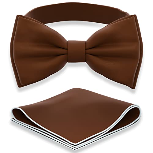 Adam Young Mens Twill Brown Bow Tie with Handkerchief Pre-Tied Style Formal Coffee Satin Classic Bowtie for Tuxedo Faux Silk (Large Brown)