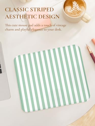 Image of Square Cute Striped Mouse Pad with Stitched Edge, Premium Waterproof Cloth Aesthetic Small Stripe Mouse Mat, Non-Slip Rubber Base Funny Mousepad Desk Accessories,Striped Green White