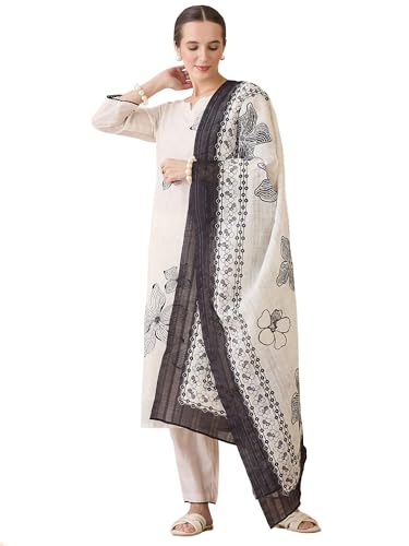 Image of INDO ERA Women's Straight Linen Floral Embroidered Kurta & Pant With Dupatta Set (IESTR10640)