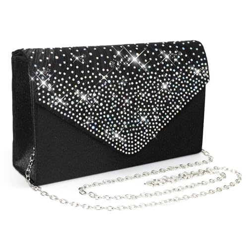 Pardofelis Abendtasche Damen Clutches, Glitzer Clutch Schwarz, Abendkleid Clutch Bag mit Abnehmbarer Kette Cross Body Bag, Kristall Diamant Elegante Abendtasche für Hochzeit Prom Party