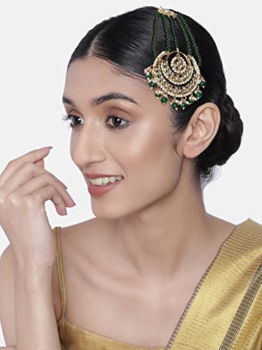 Image of Peora Gold-Plated Kundan Pearl Studded & Beaded Passa /Matha Patti Jewellery for Women & Girls