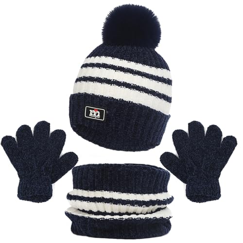 Oneshlee Conjunto Gorro Bufanda Guantes Niño Invierno, Braga Cuello Sombrero Manoplas Conjunto Termicos Punto Para Niño Niña 2-10 Años Exterior Deportes Esquí Ciclismo (Azul Marino)