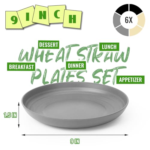 Image of 9In Plastic Dinner Plates Reusable Set of 6, Wheat Plates for Kids | Unbreakable and Lightweight Deep Dish Plates for Home Kitchen & Outdoor Use - Grey Stone