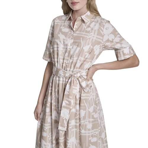 Image of DKNY Women's Short Sleeve Cotton Poplin Collared Midi Shirtdress
