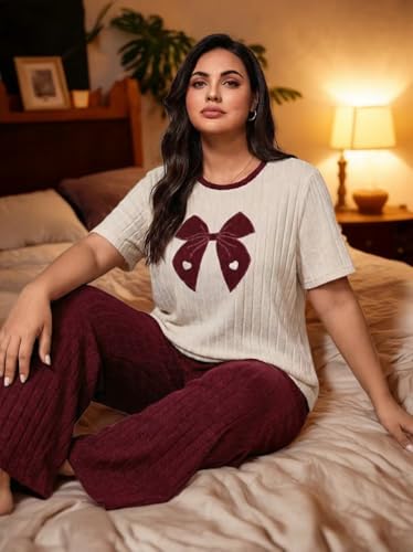 Image of Emilaura Womens Plus Size Pajama Set 2 Piece Short Sleeve with Long Pant Sleepwear Soft & Cozy Bow Loungewear (XL to 5X)