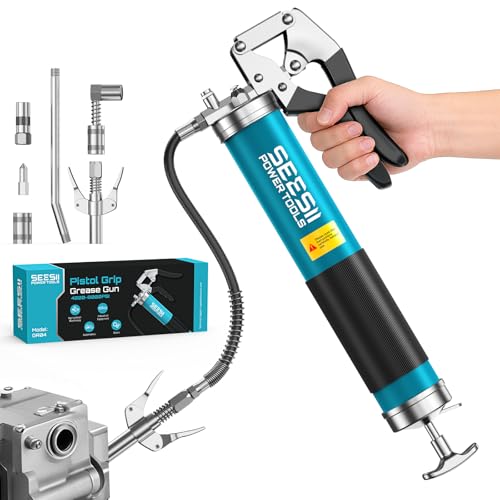 Seesii 8000PSI Grease Gun Kit: Heavy Duty Pistol Grip Grease Gun with 14oz Capacity, Quick-Release Coupler, 90° Adapter, Flexible Hose, Rigid Pipe for Automotive, Agricultural, Industrial, Marine