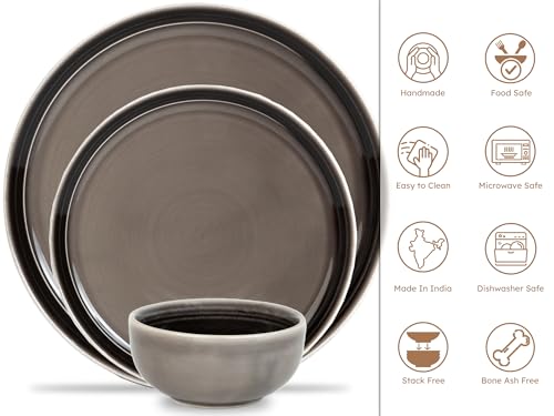 Image of Bodhi House Handcrafted Chip Resistance Porcelain Dinner Set, 18 Pieces Dish Set Serving for 6, Microwave and Dishwasher Safe, Bone-ash Free, Crockery Set for Dining and Gifting, Smoke Grey