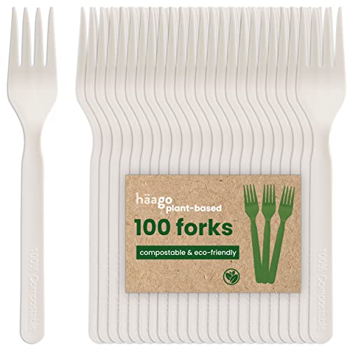 HAAGO Juego de 100 Tenedores, Blanco (18 cm / 7') – Ecológicos, Biodegradables y Compostables – Reutilizables, Resistentes, Utensilios 100% Naturales para Alimentos Calientes y Fríos – Sin BPA