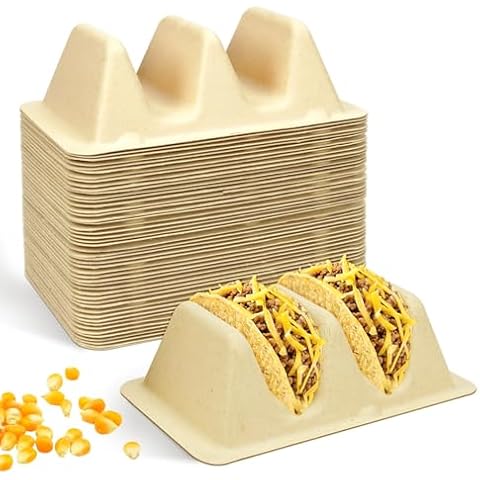 VOKOY 50 Pack Disposable Taco Holders with 2 Dividers, Bagasse Pulp Fiber Recyclable Biodegradable Taco Stand Up Divider Taco Plates Trays for Taco Party Taco Tuesday Taco Bar Supplies Cover