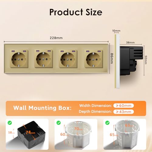 BSEED Schuko Steckdose mit Type C 20W Schnellladeger&auml;t, Typ C + Typ C Steckdose Unterputz, 4 Fach EU-Standard Wandsteckdose mit Glas Platte, 299mm, Gold